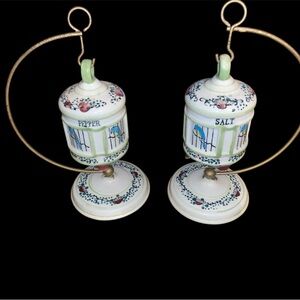 VTG Japan Salt & Pepper Shakers Blue Birds In Cages On Matching Metal Stands
